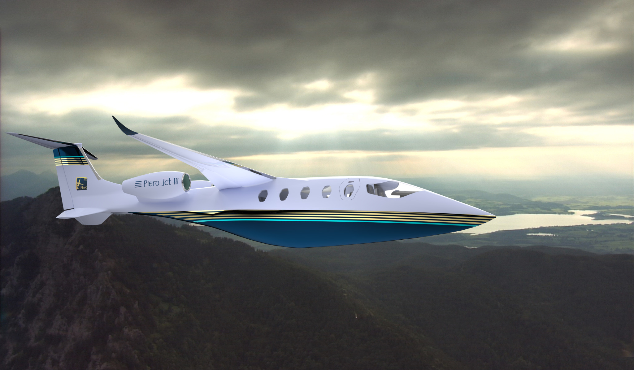 Piero Jet III flying over a mountainous landscape